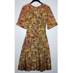 Vintage 50s 60s Taffeta Floral Watercolor Mustard Belted Fit Flare Dress Medium